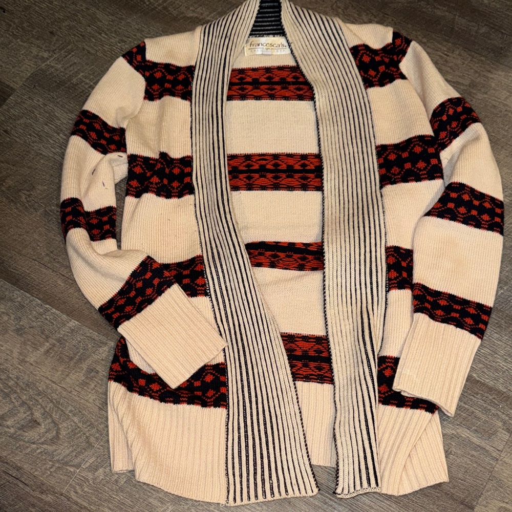 Francesca's Collections Knit Cardigan with Orange and navy blue Pattern